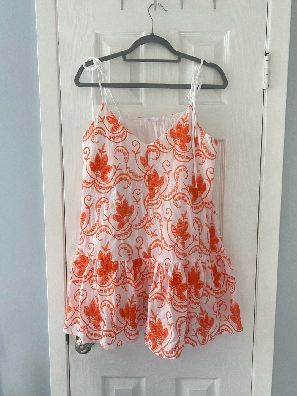 White & Orange Floral Tie-Strap Women's Dress